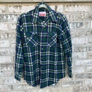 Vintage Oakbrook Green Blue Plaid Flannel Shirt | Men’s M 15½ | Made in Taiwan